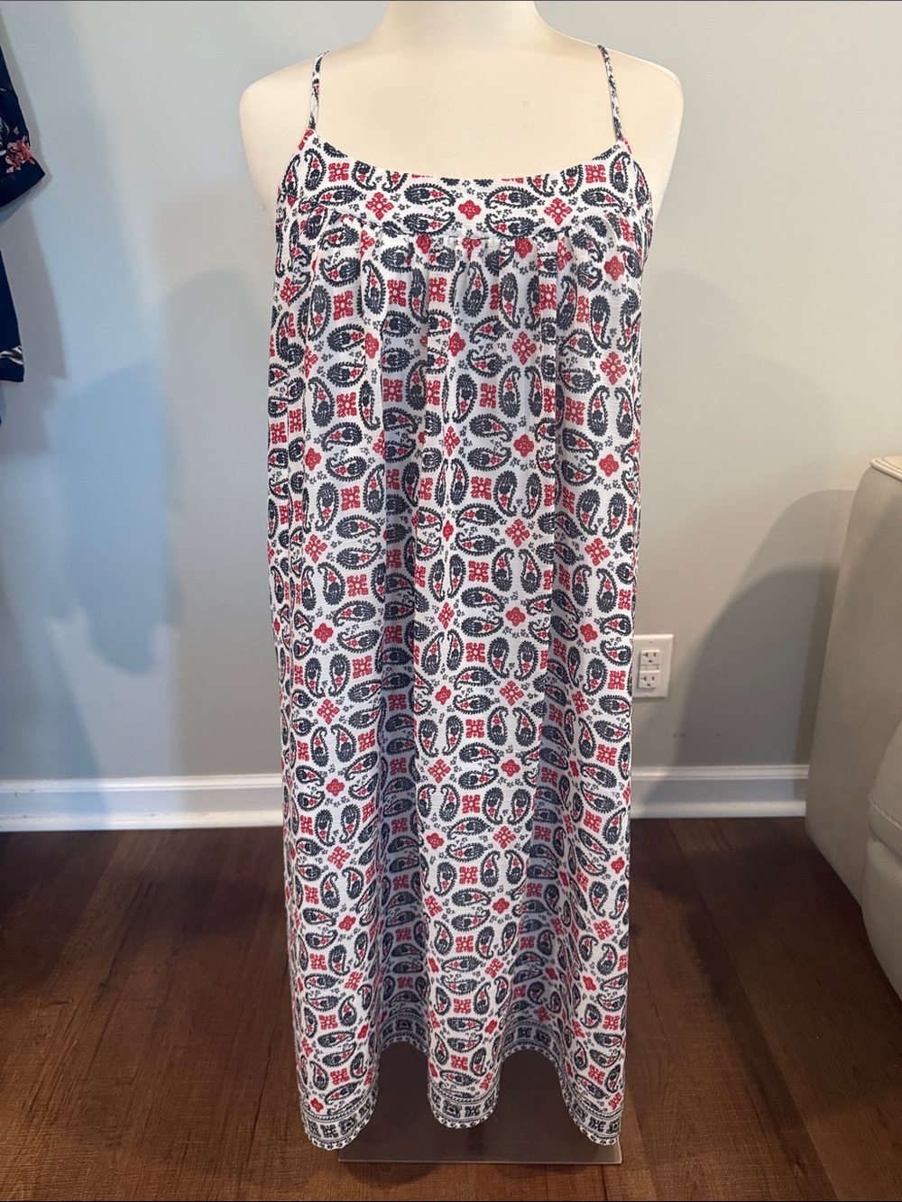 Madewell White Midi shift Dress with Navy and Red Paisley Print